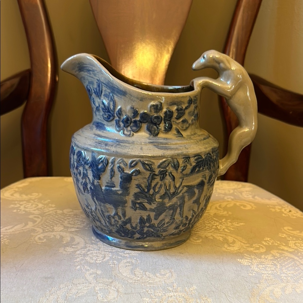 Beaumont Brothers Pottery 1995 hound dog handle stag deer studio pottery pitcher